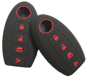runzuie 2pcs silicone keyless entry remote key fob cover case protector for nissan teana murano maxima pathfinder rogue versa 370z sentra altima cwtwb1u840 285e3-3sg0d（black with red 4 buttons ）