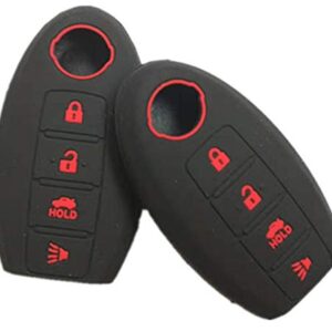 RUNZUIE 2Pcs Silicone Keyless Entry Remote Key Fob Cover Case Protector for Nissan Teana Murano Maxima Pathfinder Rogue Versa 370Z Sentra Altima CWTWB1U840 285E3-3SG0D（Black with Red 4 Buttons ）