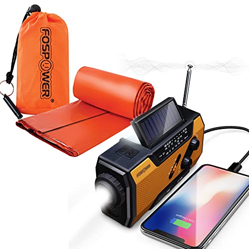 FosPower 2000mAh Emergency Weather Radio Portable Charger +Emergency Survival Shelter & Sleeping Bag Bivy Sack for Camping Accessories, Camping Gear, Survival Kit