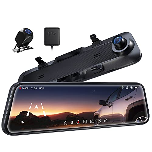 Pelsee P12 Mirror Dash Cam, 12'' 1440P QHD Front and Rear View Mirror Camera, Dual Dash Cam for Cars and Trucks, Night Vision, Voice Control, Parking Assistance, Reversing Assistance