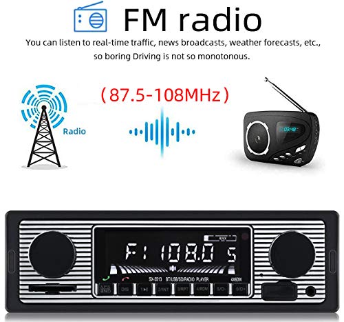 FYPLAY Classic Bluetooth Car Stereo , FM Radio Receiver, Hands-Free Calling, Built-in Microphone, USB/SD/AUX Port, Support MP3/WMA/WAV, Dual Knob Audio Car Multimedia Player, Remote Control