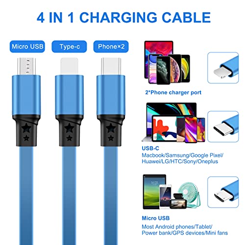 2 Pack 4 in 1 Multi USB Retractable Charger Cable,3A Multiple Charging Cord Adapter with Dual Phone/USB-C/Micro-USB Port Adapter, Fast Charging Compatible with Cell Phones Tablets Universal (2park)