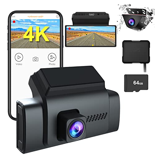 4K Dash Cam Front and Rear, KQQ 4K+1080P Dash Camera for Cars Built-in WiFi External GPS, 3.16" Wide Angle Dual Dashboard Camera Driving Recorder with Night Vision WDR Parking Monitor, Free 64GB Card