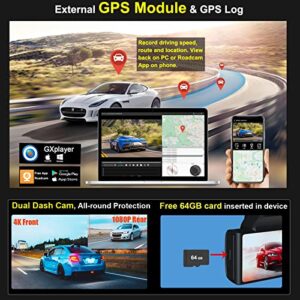 4K Dash Cam Front and Rear, KQQ 4K+1080P Dash Camera for Cars Built-in WiFi External GPS, 3.16" Wide Angle Dual Dashboard Camera Driving Recorder with Night Vision WDR Parking Monitor, Free 64GB Card