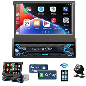 single din car stereo compatible with apple carplay & android auto, 7 inch flip out touchscreen car radio foldable car audio receivers with bluetooth/mirror link/camera/fm/swc/usb/aux/tf/subwoofer