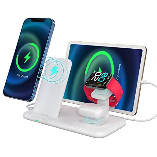 4 in 1 Wireless Charging Station 15W Multi Charger Lakewei Bedside Charge Stand Dock for Apple iPhone 14 Pro Max/13 Pro/13/12/11/X/Airpods/ipad/iwatch Samsung Phone/Earbuds/Tablet, White