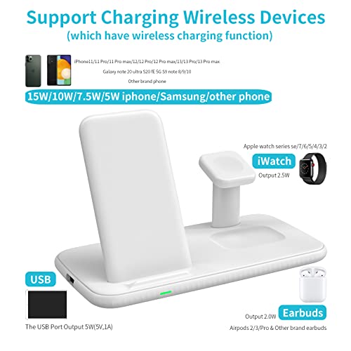 4 in 1 Wireless Charging Station 15W Multi Charger Lakewei Bedside Charge Stand Dock for Apple iPhone 14 Pro Max/13 Pro/13/12/11/X/Airpods/ipad/iwatch Samsung Phone/Earbuds/Tablet, White