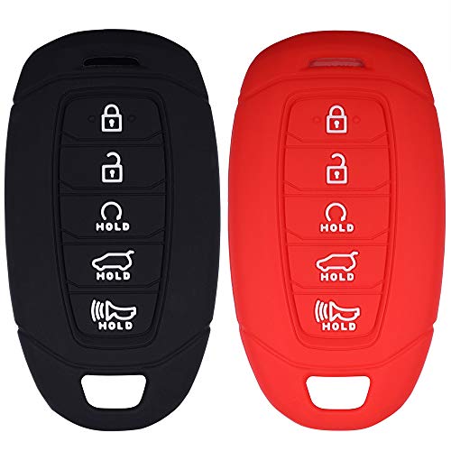 Lcyam Key Fob Cover Silicone Case Remote Holder Compatible with 2020-2023 Hyundai Palisade Elantra Keyless Push Start 5 Button (Black Red)