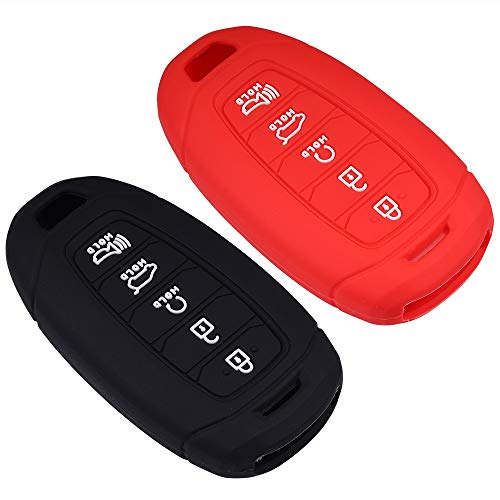 Lcyam Key Fob Cover Silicone Case Remote Holder Compatible with 2020-2023 Hyundai Palisade Elantra Keyless Push Start 5 Button (Black Red)