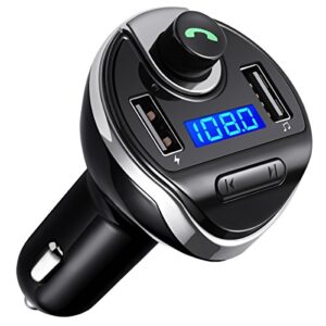criacr (upgraded version) bluetooth fm transmitter for car, wireless fm radio transmitter adapter car kit, dual usb charging ports, hands free calling, u disk, tf card mp3 music player