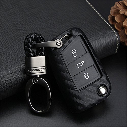 M.JVisun Soft Silicone Rubber Carbon Fiber Texture Cover Protector for VW Flip Key Fob, Car Remote Key Fob Case for for Volkswagen e-Golf Golf R MK7 Lamando Polo MK6 for Tiguan for Touran L - Black