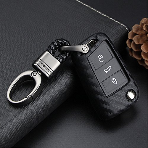 M.JVisun Soft Silicone Rubber Carbon Fiber Texture Cover Protector for VW Flip Key Fob, Car Remote Key Fob Case for for Volkswagen e-Golf Golf R MK7 Lamando Polo MK6 for Tiguan for Touran L - Black