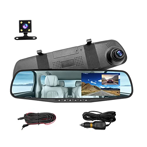 Mirror Dash Cam for Car, 4.3" Backup Smart Rearview Mirror Camera, Waterproof HD 1080P Front and Rear Wide Angle, Support Dual Cameras, Night Vision, Parking Assistance & Loop Record