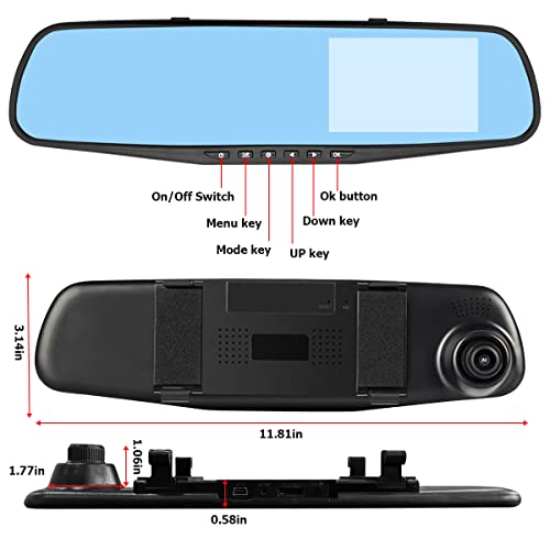 Mirror Dash Cam for Car, 4.3" Backup Smart Rearview Mirror Camera, Waterproof HD 1080P Front and Rear Wide Angle, Support Dual Cameras, Night Vision, Parking Assistance & Loop Record