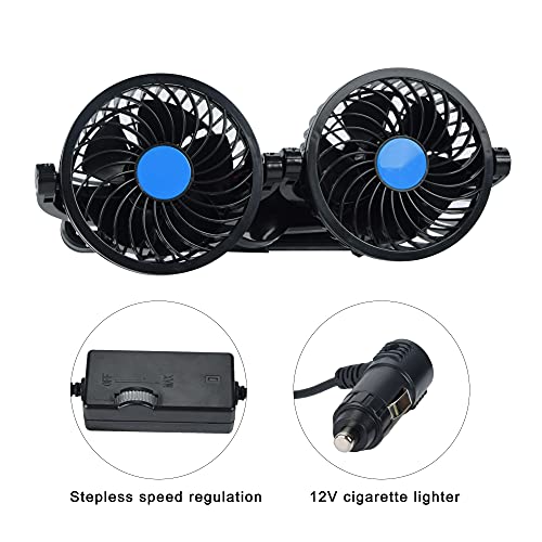 Car Fans, 12V Car Cooling Fan with 360° Rotatable Dual Head Stepless Speed Regulation Rear Seat Air Fan for Sedan SUV RV Boat