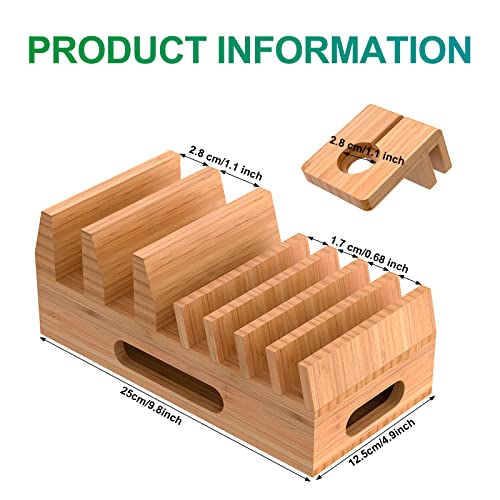 Bamboo Charging Station for Multiple Devices with 5 Port USB Charger, 5 Charger Cables and Watch Stand. Wood Desktop Docking Stations Organizer for Cell Phone, Tablet, Watch, Office Accessories