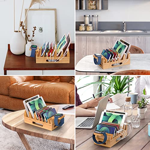 Bamboo Charging Station for Multiple Devices with 5 Port USB Charger, 5 Charger Cables and Watch Stand. Wood Desktop Docking Stations Organizer for Cell Phone, Tablet, Watch, Office Accessories