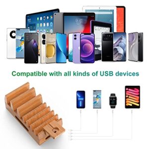 Bamboo Charging Station for Multiple Devices with 5 Port USB Charger, 5 Charger Cables and Watch Stand. Wood Desktop Docking Stations Organizer for Cell Phone, Tablet, Watch, Office Accessories