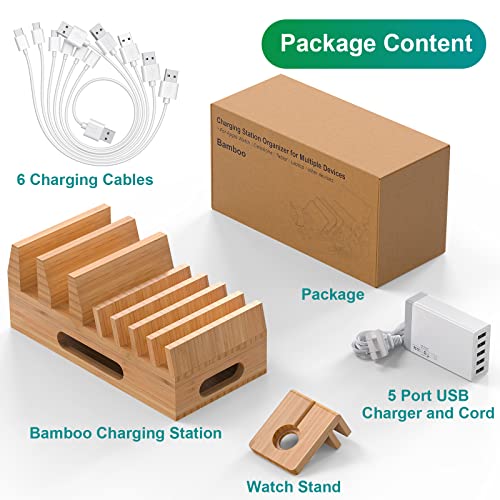 Bamboo Charging Station for Multiple Devices with 5 Port USB Charger, 5 Charger Cables and Watch Stand. Wood Desktop Docking Stations Organizer for Cell Phone, Tablet, Watch, Office Accessories