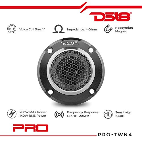 DS18 PRO-TWN4 High Compression Neodymium Super Bullet Tweeter 1" VC, 280 Max, 140W RMS, 4 Ohms with Built in Crossover Tweeters are The Best in The Pro Audio and Voceteo Market (1 Speaker)