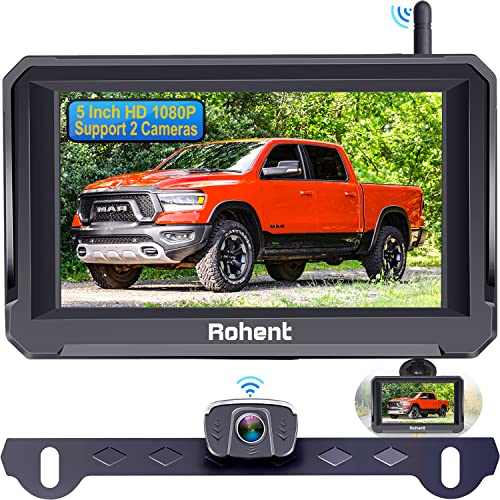 Rohent R3 HD 1080P Digital Wireless Backup Camera with 5'' Monitor License Plate Hitch Rear View Camera System for Cars,Trucks,Campers IP69 Waterproof Front /Rear View Switchable 8 IR Night Vision