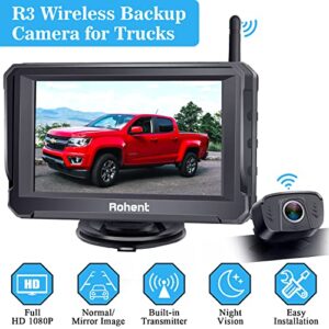 Rohent R3 HD 1080P Digital Wireless Backup Camera with 5'' Monitor License Plate Hitch Rear View Camera System for Cars,Trucks,Campers IP69 Waterproof Front /Rear View Switchable 8 IR Night Vision