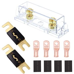 tnisesm anl fuse holder, 2 pcs 150a fuses, 4pcs 2 awg cable ring terminal lugs 5/16′, 4 pcs heat shrinkable tube with diameter of 14mm compatible for car audio amplifier