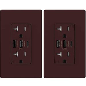 elegrp 30w 6.0 amp 3-port usb wall outlet, 20 amp receptacle with usb type c & type a ports, usb charger for iphone/ipad/samsung/lg/htc/android devices, ul listed, w/wall plate, 2 pack, matte brown