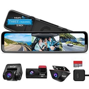 pormido triple mirror dash cam 12″ with detached front and in-car camera,waterproof backup rear view dashcam anti glare 1296p ips touch screen with sony sensor,starvis night vision,gps,parking assist