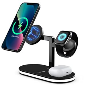 3 in 1 aluminum alloy magnetic wireless charger for magsafe charger stand greenlemon fast wireless charging station for iphone 14 13/12 series apple watch airpods with led lamp 18w adapter black