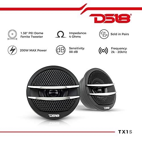 DS18 TX1S Tweeter X1 1.38-inch 200 Watts Max Pei Dome Ferrite Tweeters with Mounting Kit Angle, Flush, & Surface - Set of 2 (Black/Silver)