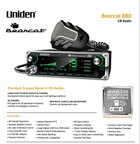 Uniden BEARCAT 880 CB Radio with 40 Channels and Large Easy-to-Read 7-Color LCD Display with Backlighting, Backlit Control Knobs/Buttons, NOAA Weather Alert, PA/CB Switch, and Wireless Mic Compatible