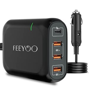 usb c car fast charger, feeyoo 119w type c car charger adapter, 4 ports qc 3.0 pd 3.0 fast charging car phone charger adapter, compatible with laptop,samsung, android,iphone,ipad, macbook,google pixel