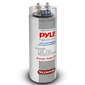 pyle 5.0 farad digital power capacitor – high-performance car audio accessory with blue digital display, voltage readout, over voltage protection, mounting hardware, dc 12-24v – pyle plcape50