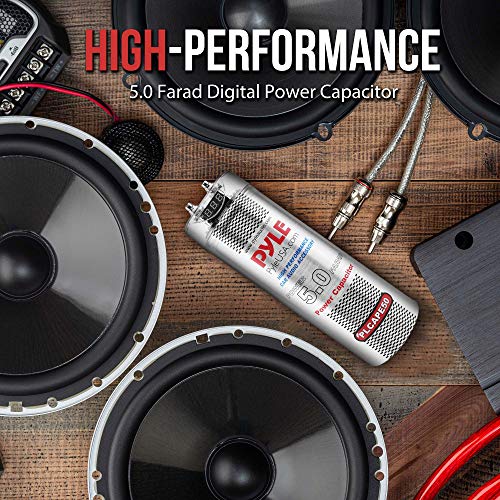 Pyle 5.0 Farad Digital Power Capacitor - High-Performance Car Audio Accessory with Blue Digital Display, Voltage Readout, Over Voltage Protection, Mounting Hardware, DC 12-24V - Pyle PLCAPE50