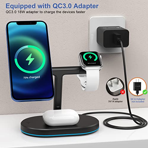 Magnetic Wireless Charger, 3 in 1 Wireless Charging Station for Multiple Devices, for iPhone 14/Pro/Max/Plus/13/12 Series, iWatch 7/6/5/4/3/2, AirPods Pro/2/3/Pro 2(with Adapter)