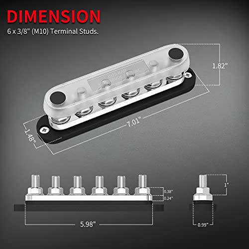 DaierTek 300A Bus Bar 12V Marine 12V Power Distribution Block with Cover 6 x 3/8" (M10) Terminal Studs Max 300V AC 48V DC Positive & Ground Busbar for Automotive Car Boat