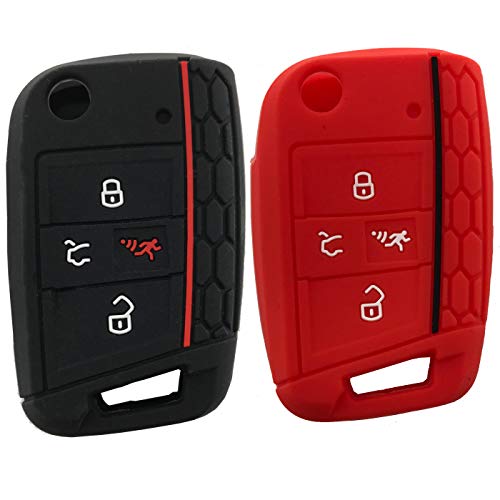 Silicone Key Cover Case Remote Fob Protector fit for VW Golf Polo 2016-2017 4 Buttons Keyless Entry Remote Key Fob Skin Protective key Jacket (1 Black + 1 Red)