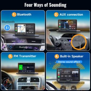 Spedal Wireless Apple Carplay & Android Auto, Portable 7 Inch IPS Touchscreen Car Stereo with Front Camera, Bluetooth Handsfree, WiFi, AirPlay, AUX/FM Transmitter Supports Most Car Models