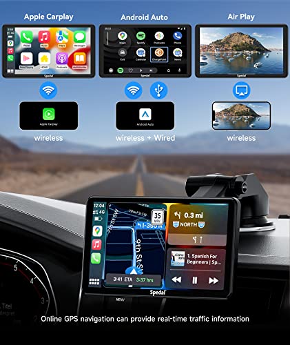 Spedal Wireless Apple Carplay & Android Auto, Portable 7 Inch IPS Touchscreen Car Stereo with Front Camera, Bluetooth Handsfree, WiFi, AirPlay, AUX/FM Transmitter Supports Most Car Models