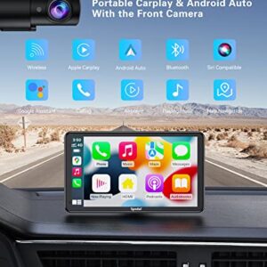 Spedal Wireless Apple Carplay & Android Auto, Portable 7 Inch IPS Touchscreen Car Stereo with Front Camera, Bluetooth Handsfree, WiFi, AirPlay, AUX/FM Transmitter Supports Most Car Models