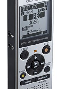 Olympus WS-852 silver voice recorder with true stereo mic, 4GB, 110 hours battery life, microSD external memory, USB, with MP3 file format.