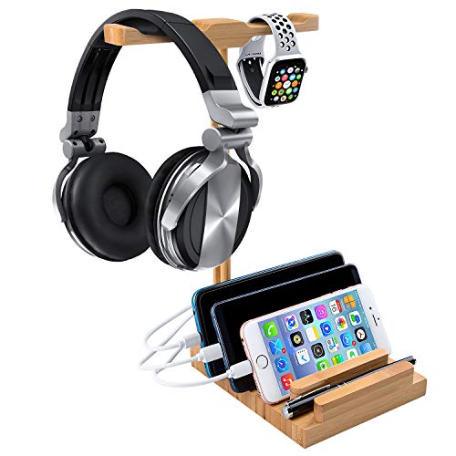 World Backyard Bamboo Charging Station with Dual Hanger for Desktop Gaming Headset or Apple Watch. 3 Pcs Different Version Charging Cable Included.