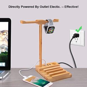 World Backyard Bamboo Charging Station with Dual Hanger for Desktop Gaming Headset or Apple Watch. 3 Pcs Different Version Charging Cable Included.