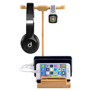 World Backyard Bamboo Charging Station with Dual Hanger for Desktop Gaming Headset or Apple Watch. 3 Pcs Different Version Charging Cable Included.