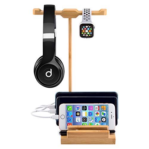 World Backyard Bamboo Charging Station with Dual Hanger for Desktop Gaming Headset or Apple Watch. 3 Pcs Different Version Charging Cable Included.