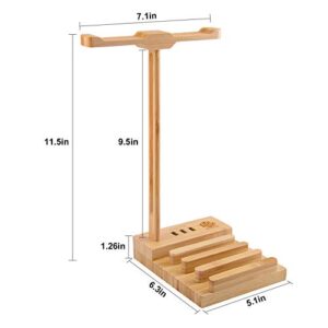 World Backyard Bamboo Charging Station with Dual Hanger for Desktop Gaming Headset or Apple Watch. 3 Pcs Different Version Charging Cable Included.