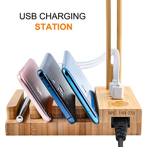 World Backyard Bamboo Charging Station with Dual Hanger for Desktop Gaming Headset or Apple Watch. 3 Pcs Different Version Charging Cable Included.