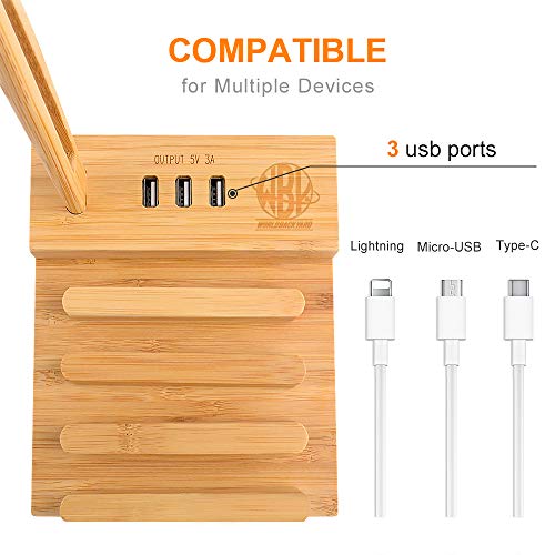 World Backyard Bamboo Charging Station with Dual Hanger for Desktop Gaming Headset or Apple Watch. 3 Pcs Different Version Charging Cable Included.