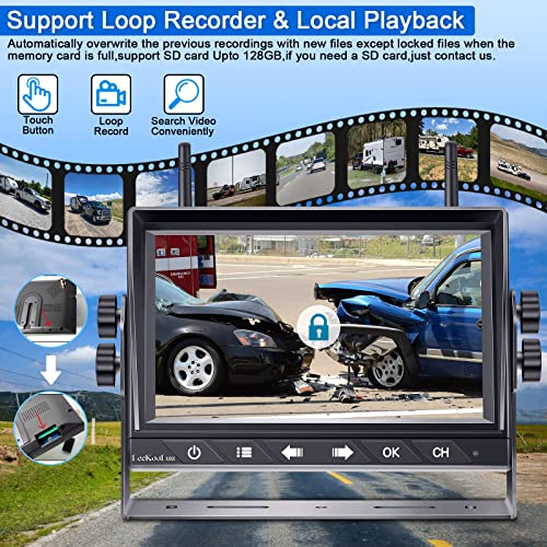 LeeKooLuu RV Backup Camera Wireless Waterproof 7'' LCD Split Screen DVR Dash Monitor Touch Key Rear View System 4 Channels Travel Trailers Adapter for Furrion Pre-Wired RVs Night Vision LK7